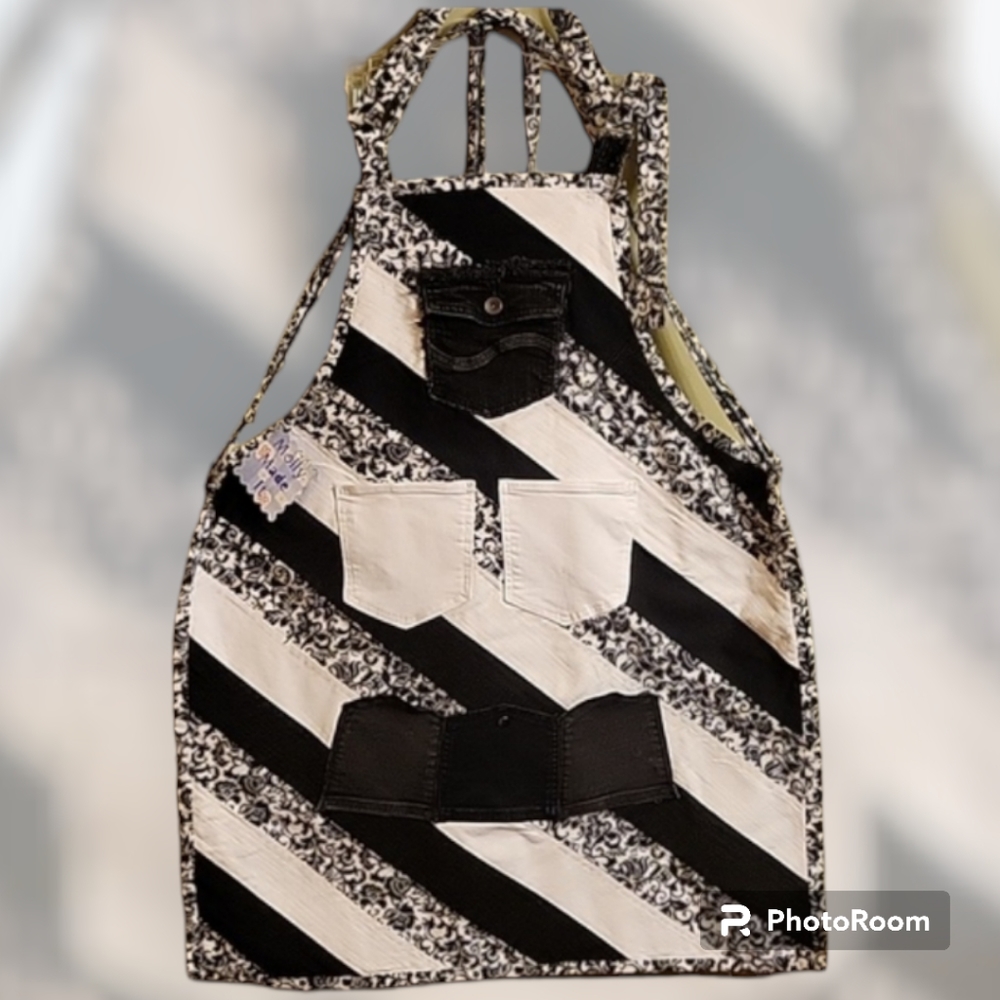 Upcycled Black & White Denim quilted  Apron  B&W Cotton Floral Fabric 6 pockets